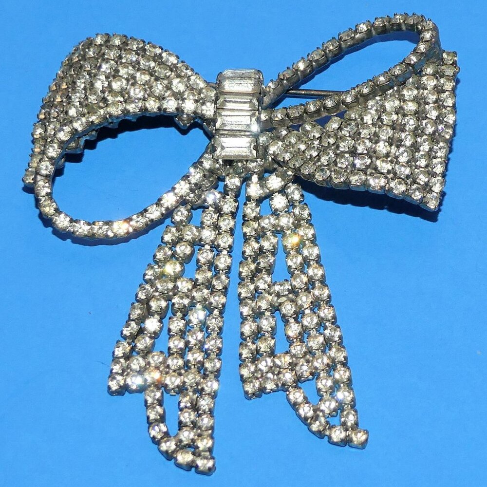 Vintage Old Rhinestone Bow Brooch Pin Baguette Prong Set Ribbon Dangle Large